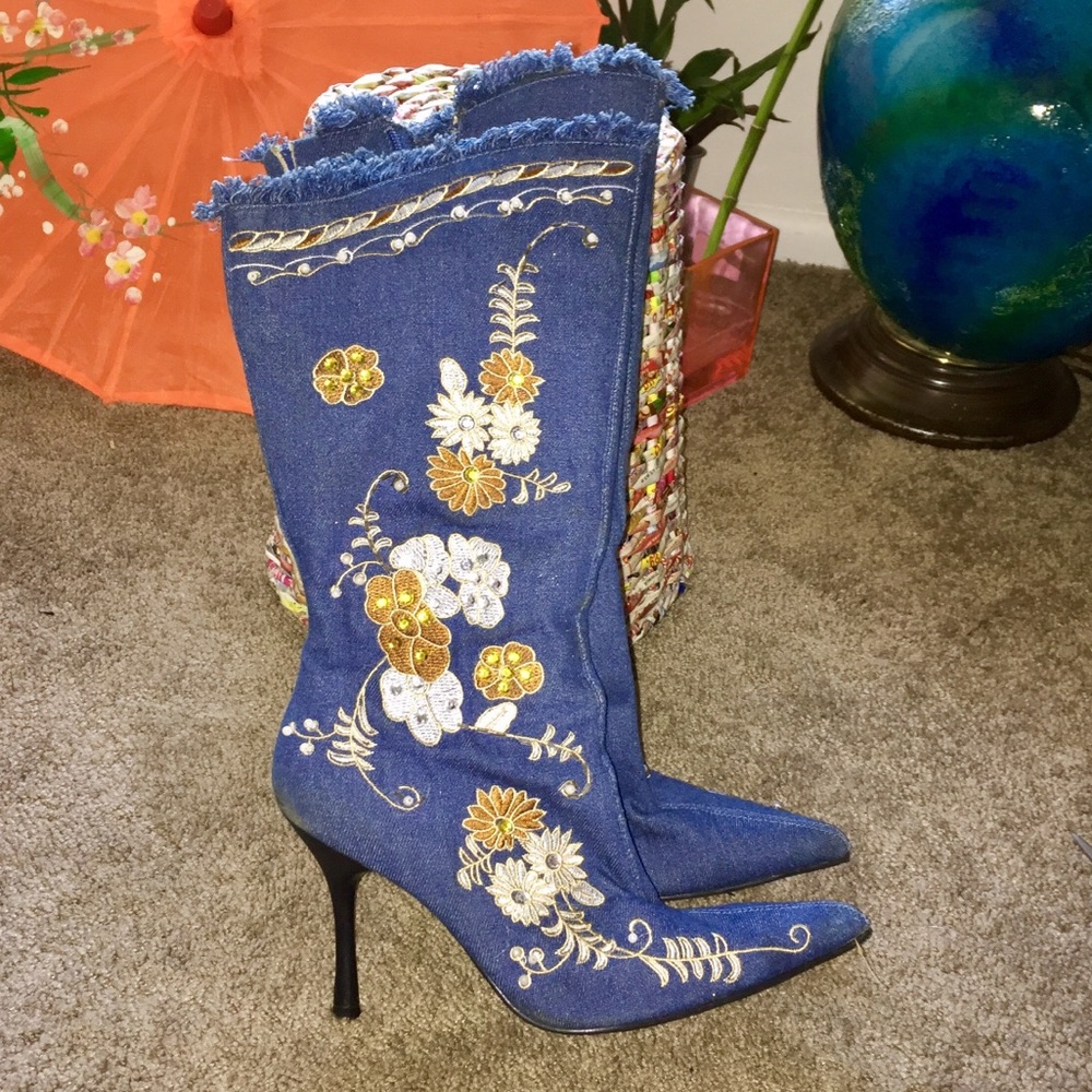 Darling Calf Length Embellished Denim Boots
